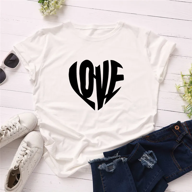

Summer T Shirt Women 2021 Fashion Love Heart Shape Printed Casual T-shirt Ladies Tee Tops, Customized color