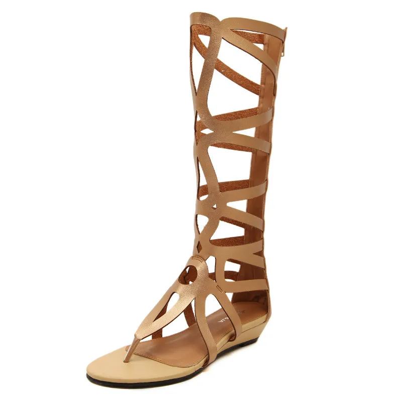 

Amazon Hot Selling Product Sexy Lady Wedge Heel Rome Style Shoes Women Genuine Leather Gladiator Sandals, Beige, black