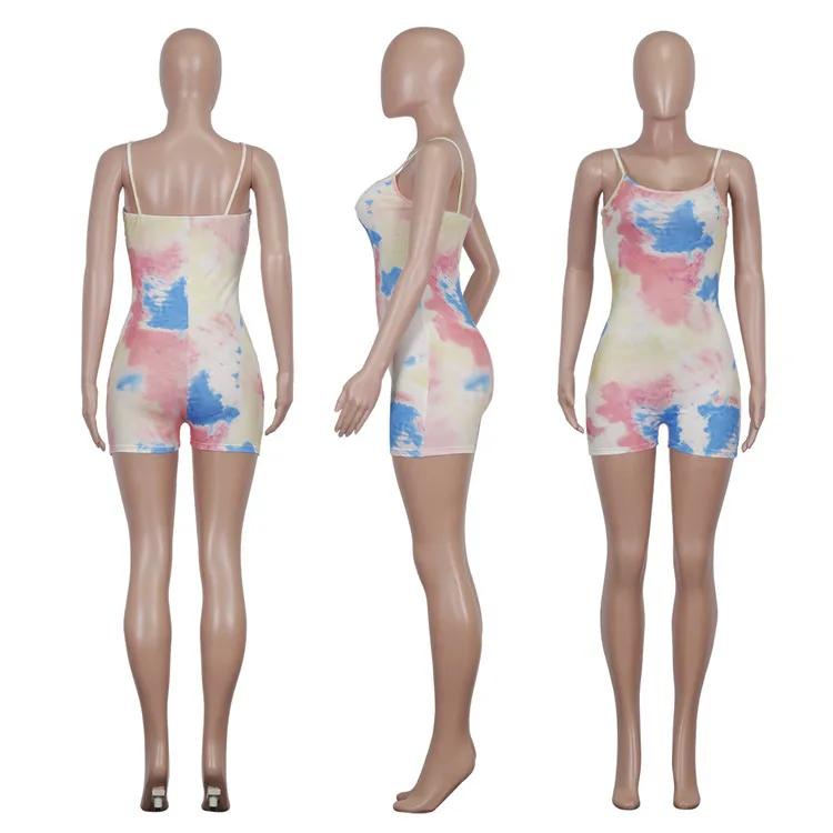 Fashion Ladies Suspender Rompers Boutique Tie Dye Shorts Sexy Summer Beach One Piece Bodycon Women Jumpsuit