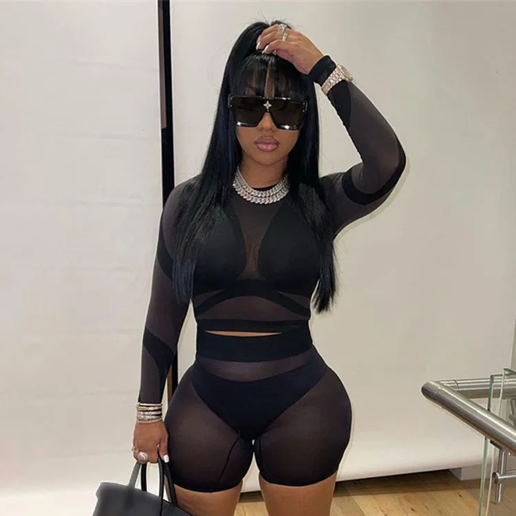 

2021 Sexy Club Wear Women Two Piece Crop Top Shorts Set Black See Through Outfits