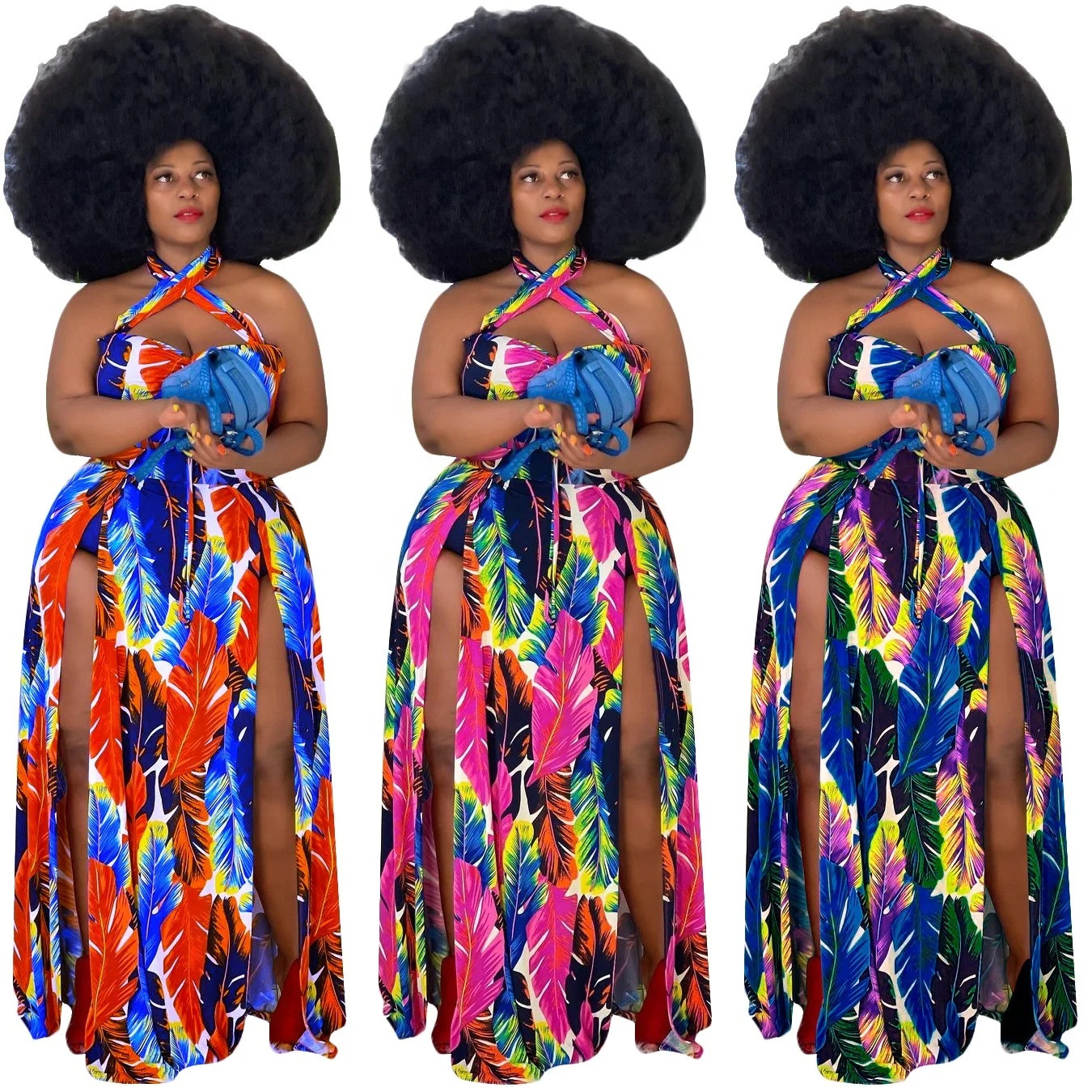 

2021 new hot selling plus size women clothing digital flowers printing sexy halter neck split plus size dress, Shown