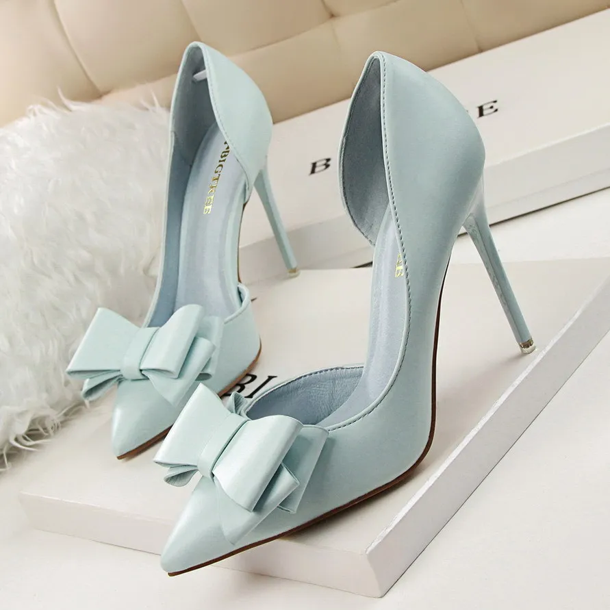 

High Heel Shoes Side Hollow Pointed Women Pumps Pointed Toe 10.5CM thin Dress Shoes 2021 Fashion Delicate Sweet Bowknot