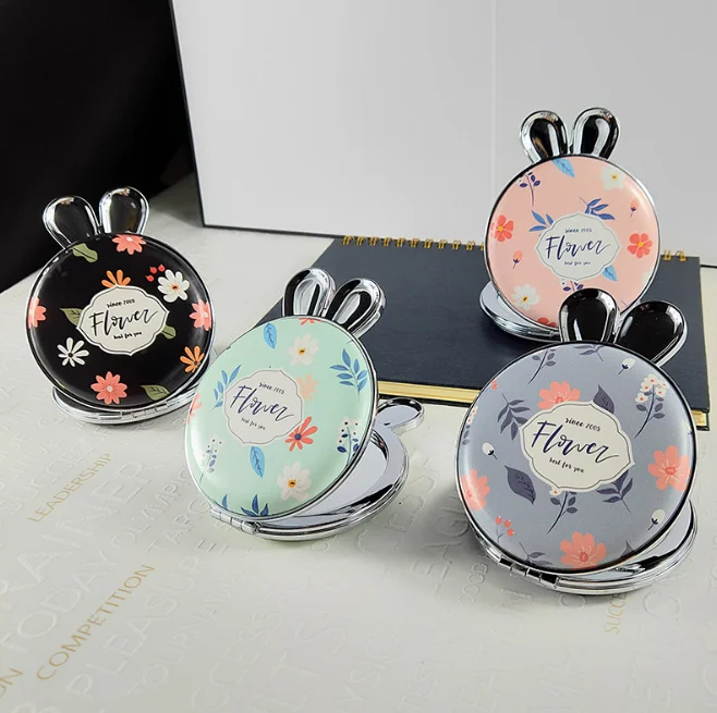 

New Rabbit Ear Shape Pocket Mirror Cute Cosmetic Mirror Double Sided Makeup Mirror, As pics