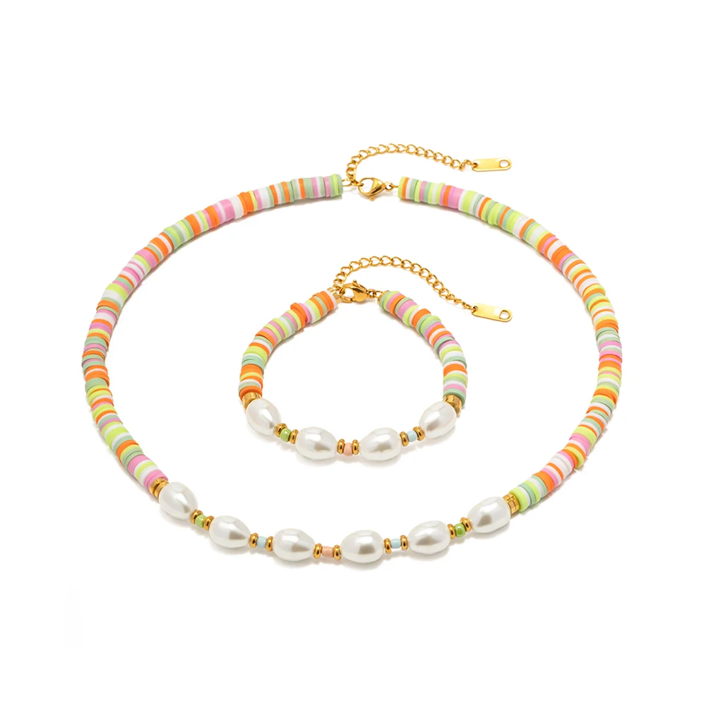 

New Trendy 18k Gold Stainless Steel Bracelet Jewelry Set Colorful Soft Ceramic Pearl Choker Necklace