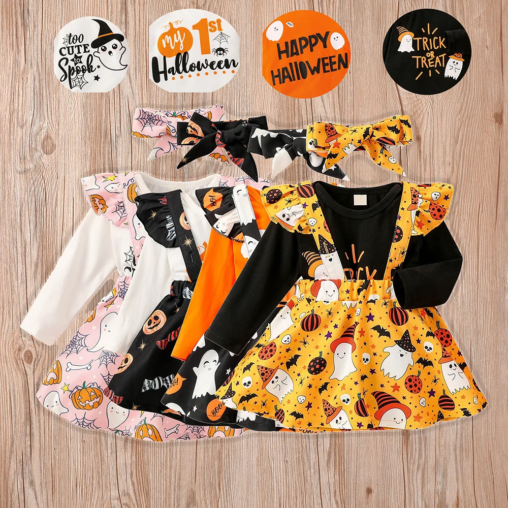 

Halloween Spring and Autumn Letter Ghost Ha Clothes Full Printed Pumpkin Ribbon Skirt Three-piece Girls Set