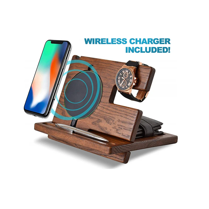 

Wood Docking Station Phone wireless charger Ash Key Holder Wallet Stand Watch Organizer Men Gift