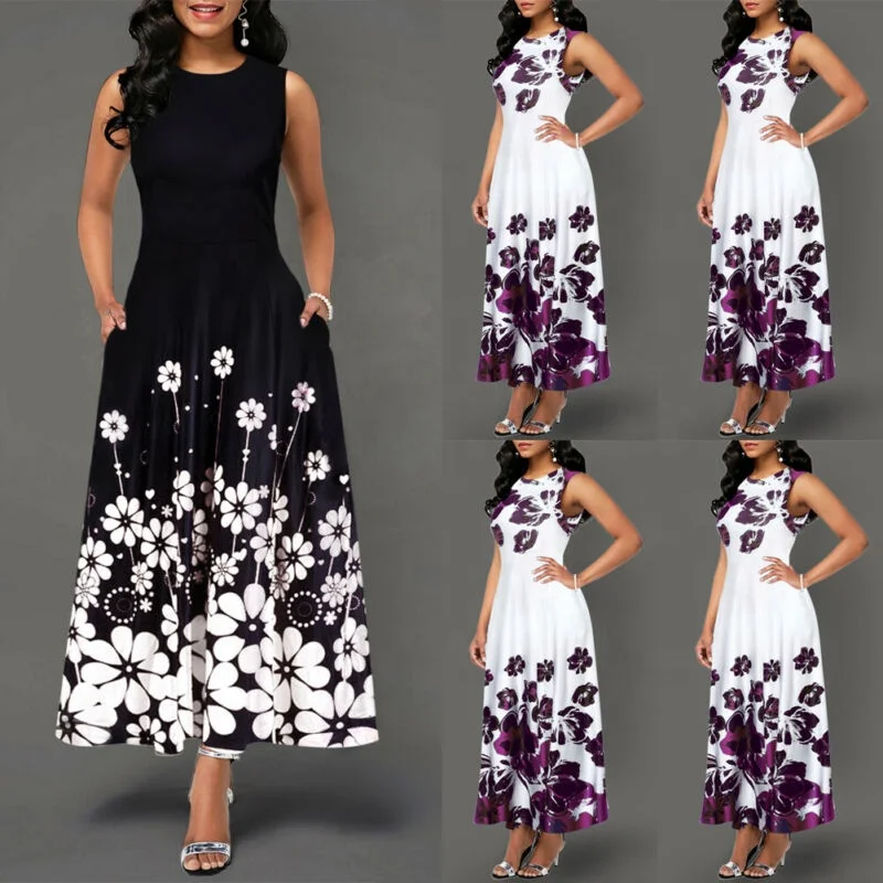 

Large Size Elegant Women's Floral Print Long Maxi Dress Evening Party Beach Dress Summer Sleeveless Long Flower Sundress Costume