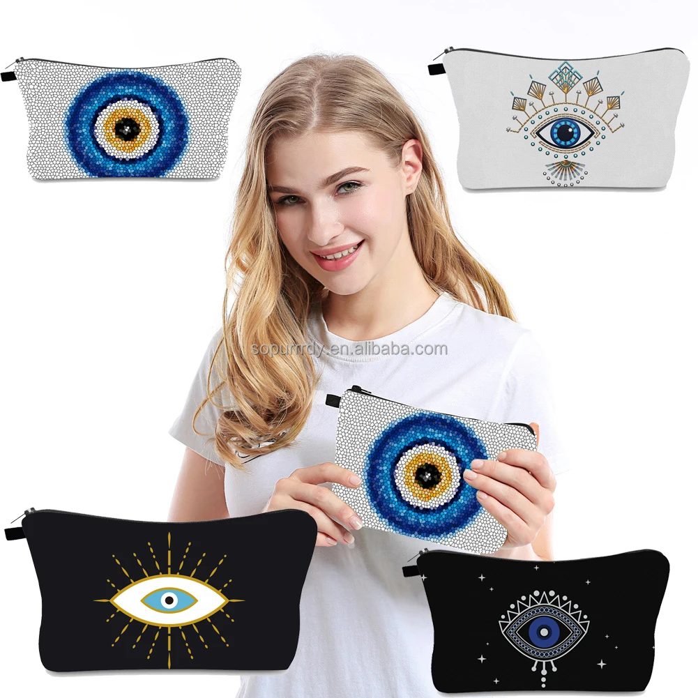 

Custom wholesale evil eye cosmetic bags women travel makeup bag cotton canvas zipper pouch