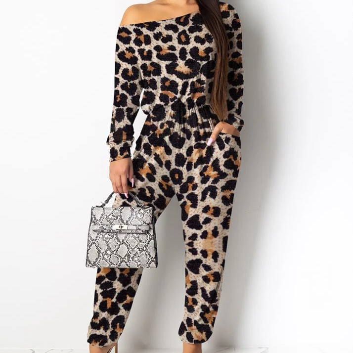 

Fashion Sexy Retro Ladies Rompers Leopard Print Long Sleeve Pocket One Piece One Shoulder Fat Women Jumpsuit, As picture