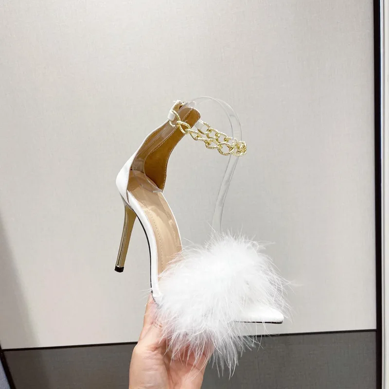 

2021 European and American feather tip chain buckle stiletto sandals sexy fashion super high heel women's shoes, 4 colors