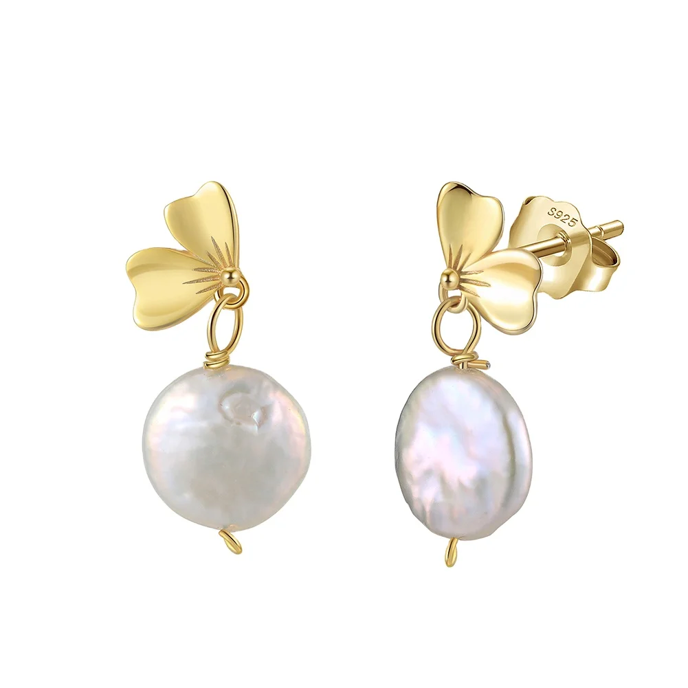 RINNTIN GPE110 S925 Sterling Silver 14k Gold Finished Plated Elegant Bow Drop Earrings with Freshwater Pearls Jewelry