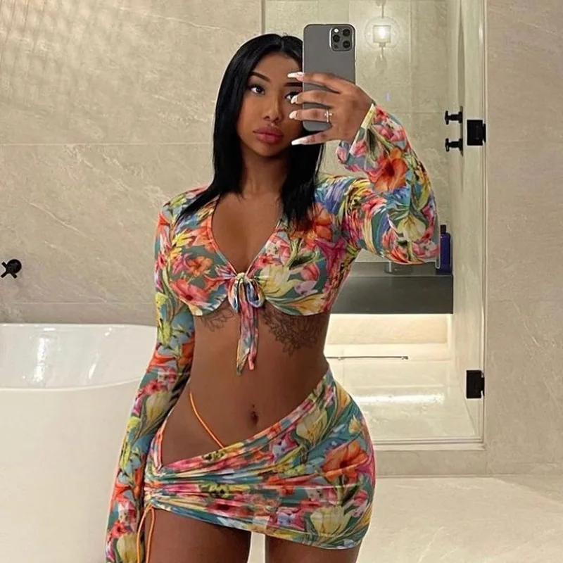 

New Women Casual Dresses Tight Floral Printed Sexy See Through Mesh Two Piece Dress Set Vacation Clothing Fashion 2021, Shown