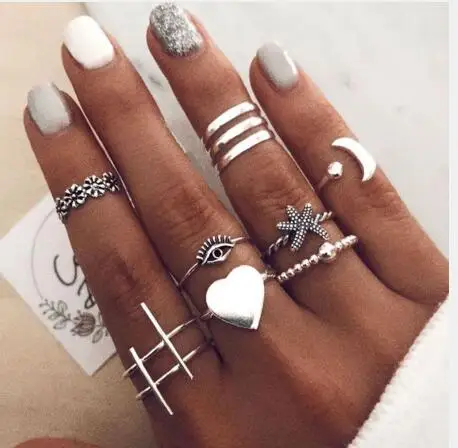 

Trendy Multiple Designs 8 Pcs Heart Eye Antique Silver Plating Nail Finger Rings Set for Women