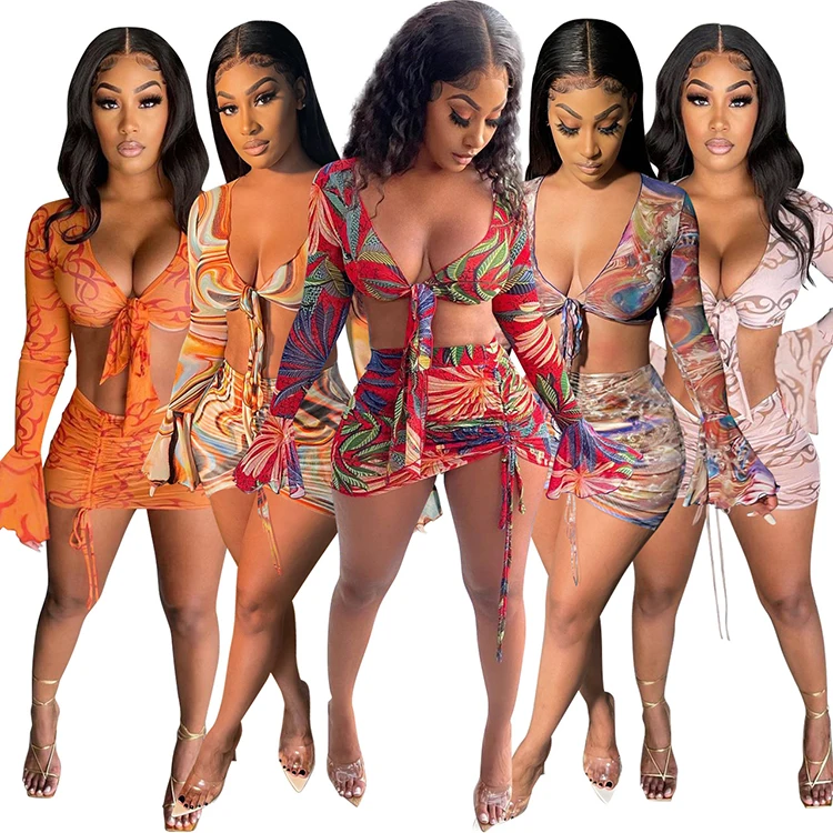 

Q21S899 Fashion Set Skirts Long Sleeve Crop Top 2 Piece Set Women 2021 Summer