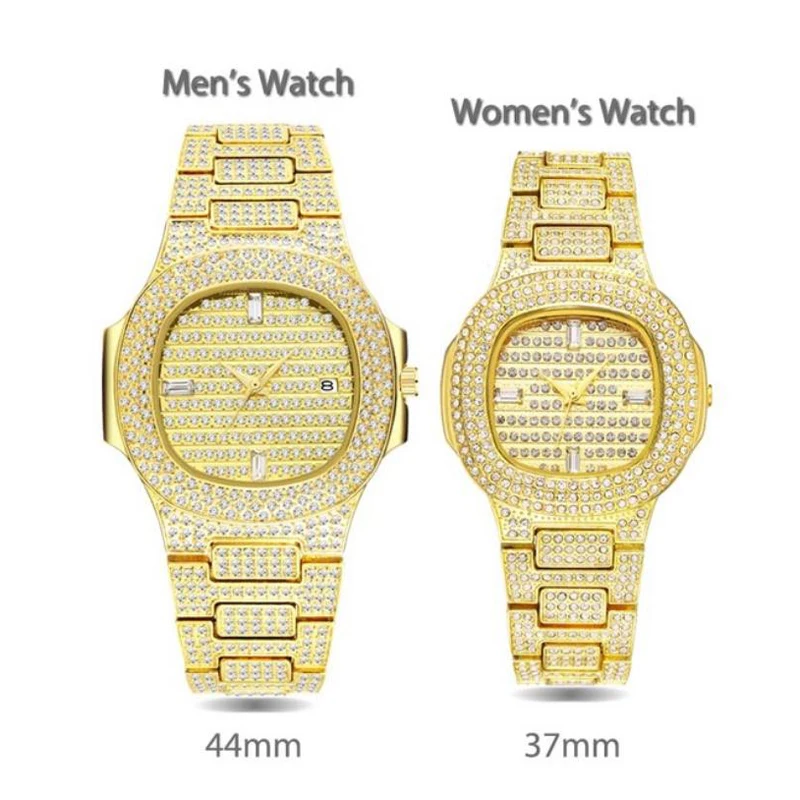 

Blues RTS 18K Gold Iced Out Lab Diamond Luxury Brand Stainless Steel Analog Quartz Waterproof Lover's couple Watch Set