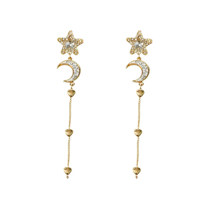 

925 Silver Needle 18K Gold Long Chain Crystal Rhinestone Moon Star Earrings Crystal Moon Tassel Earrings with Heart