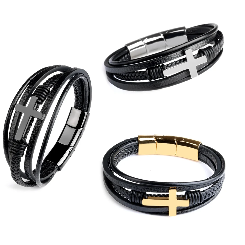 

Stainless Steel Gold Plated Cross Bracelet Genuine Leather Removable Magnetic Clasps Men Gift Bangle