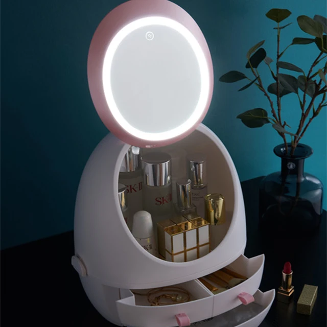 

2021 New LED Light Makeup Box Touched Screen Desktop Cosmetic Box with Mirror, Pink, white
