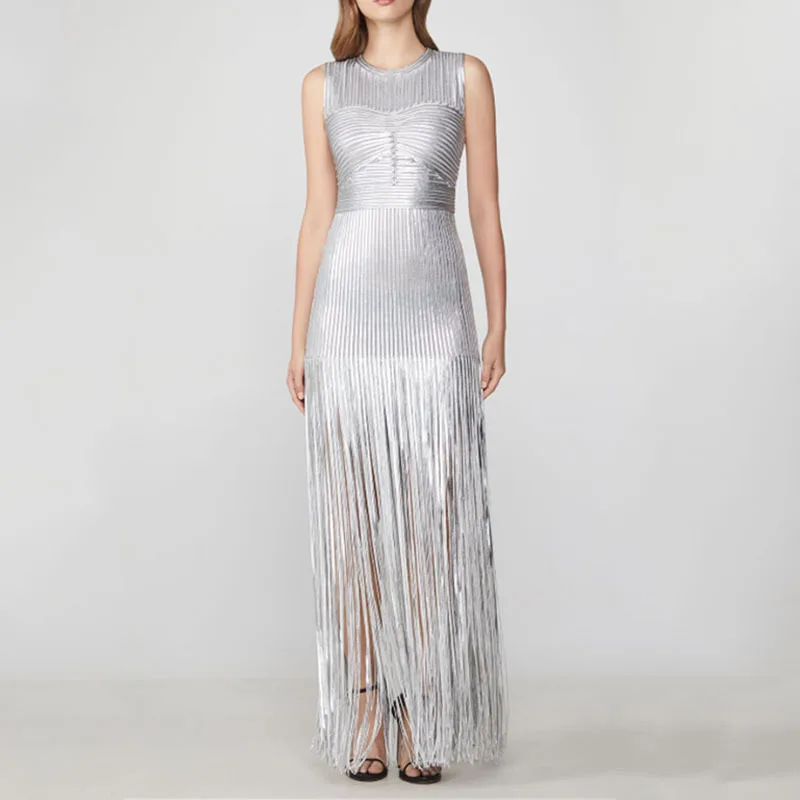 

2020 ladies bandage dress fashion tassel long dress high quality gilding dress