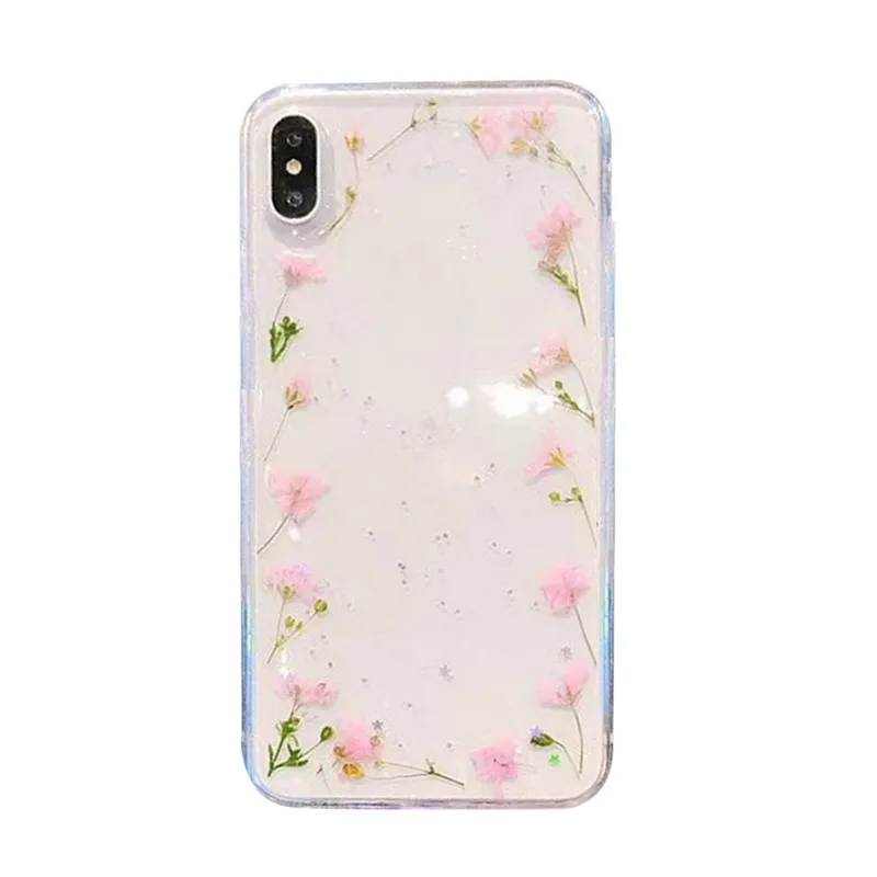 

Luxury Simple Transparent Real Dried Flower Phone Accesories Case for iPhone Soft Rubber Fashion Cover