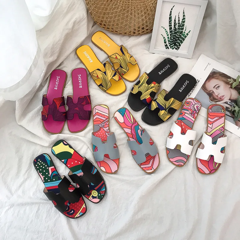 

2021 summer new style outer wear color-printed flat-bottomed slippers women's flat-heeled H-shaped slide slippers