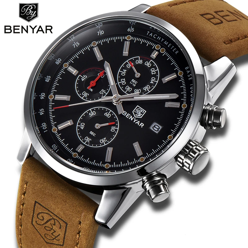 

BENYAR 5102 Original brand men quartz watches chronograph calendar water resistant fashion leather wrist watches men