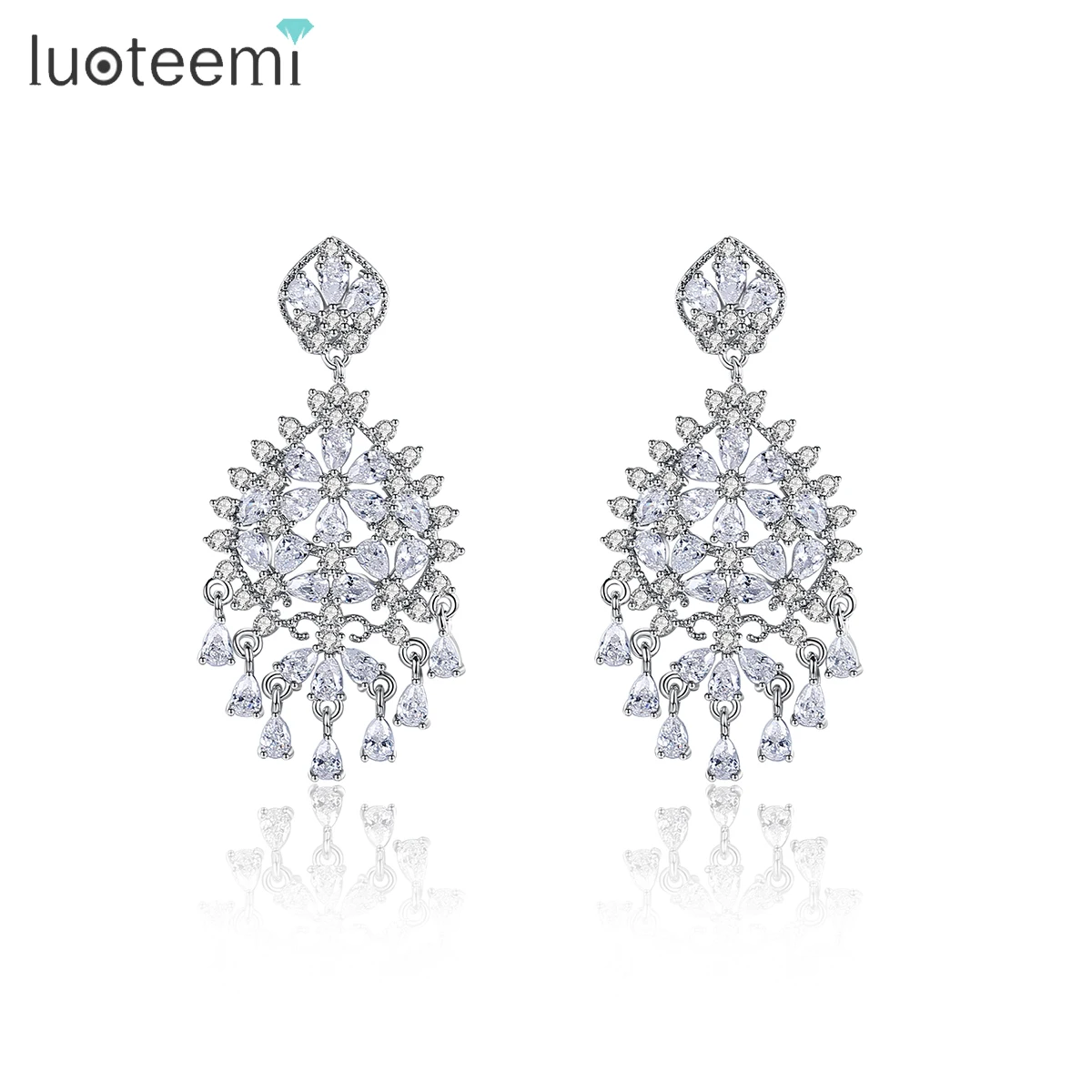 

LUOTEEMI Oversized Chandelier Wedding Bride Bridal Zirconia Earing Wholesale Huge Crystal Evening Earring