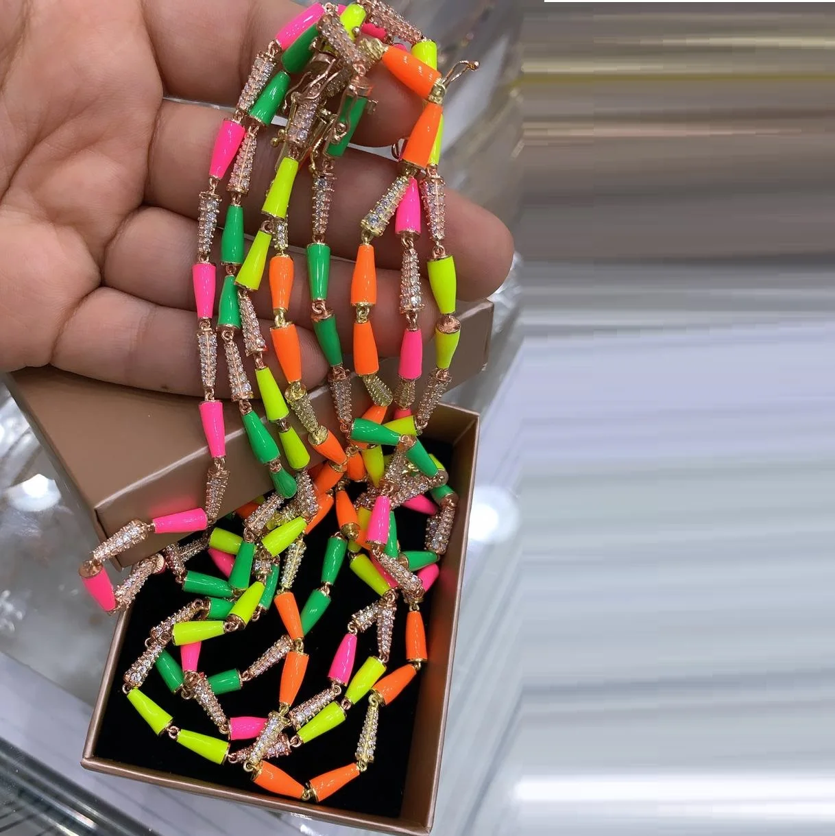 

bamboo chain colorful drop of glaze 18K gold plated cz Neon Enamel bracelet for women