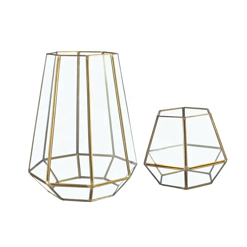 

Factory Price Glass with Copper Frame Gold Color Glass Terrarium Lighted Kit Geometric Glass Terrarium Wholesale, Clear