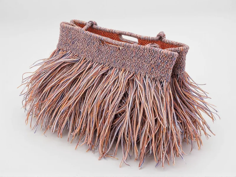 Textile project using ribbon as structural weaving element in handmade bag