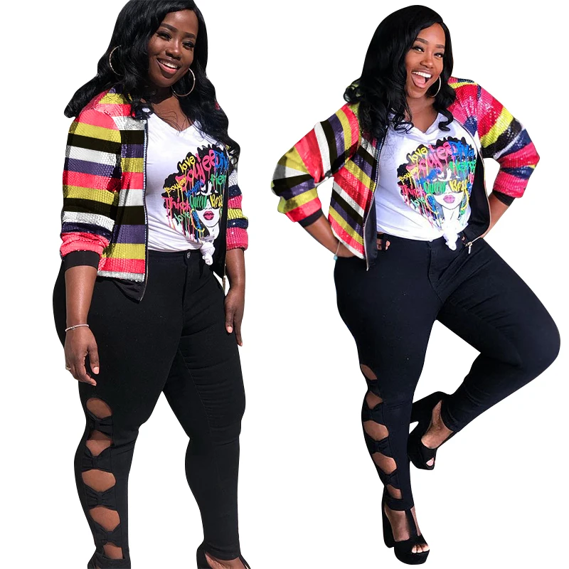 

spring women Jacket clothing 2021 Sequin stripe loose fashion casual plus size women's coat