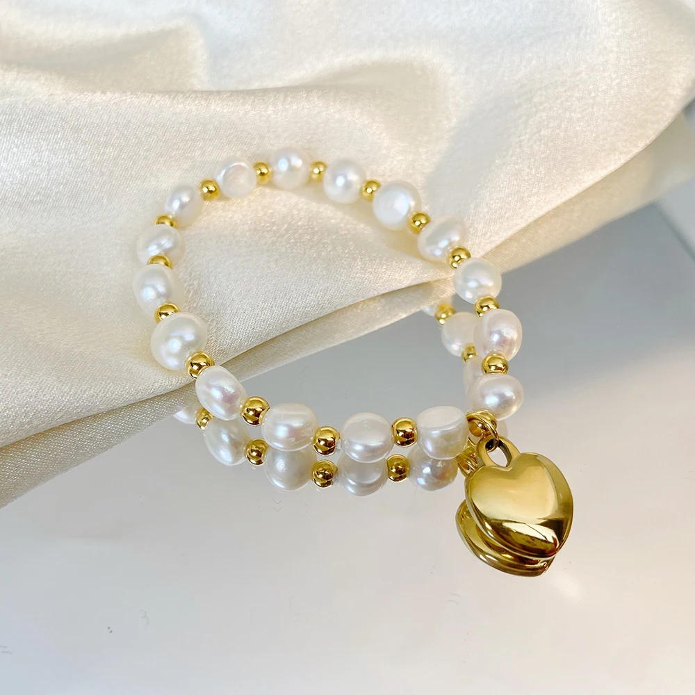 

18K Gold Titanium Steel Heart Pendant Bracelet High Polished Love Natural Pearl Beaded Bracelet Jewelry
