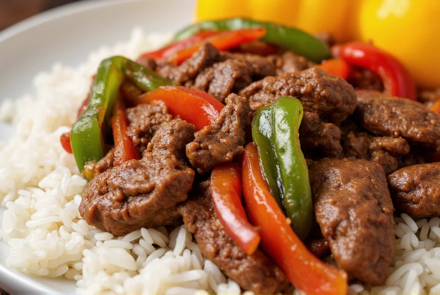 Close-up of perfectly cooked pepper steak and rice with colorful bell peppers and tender beef strips on steamed white rice