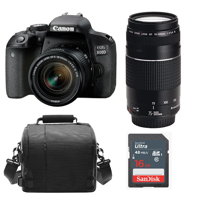 

CANON EOS 800D (Rebel T7i) KIT EF-S 18-55mm F4-5.6 IS STM+ EF 75-300mm F4-5.6 III + Camera Bag + 16GB SD card