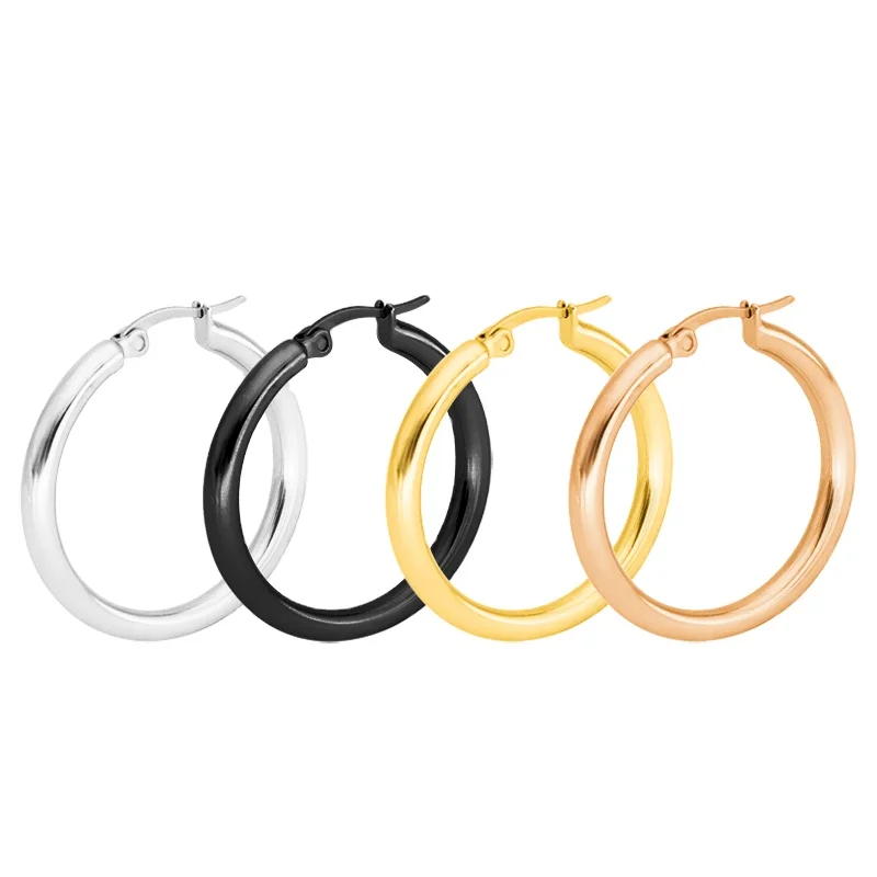 

Hip hop trendy big circle black hoop earrings loop for women mens titanium steel ladies, Silver color