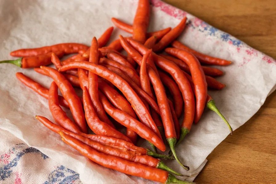 A rustic kitchen counter with dried chilies hanging above and Chile California Seco prominently featured