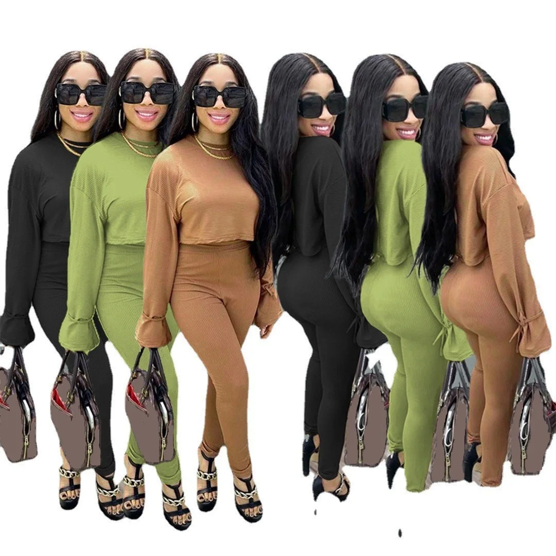 

Wholesale Long Sleeved T Shirt Fall Outfit Sets Women Sexy Ribbed Fashion Crop Top 2 Piece Set Pants, Picture color