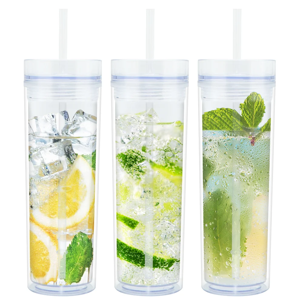 

16oz transparent water bottle plastic with straw clear acrylic double walled skinny tumbler