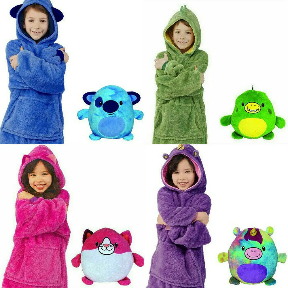 2020 hot selling kids lazy blanket hoodie pullover animal hooded  blanket hoodie plush boy plush pillow pet toys Huggle pets
