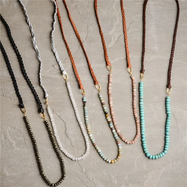 

NM21726 Long Turquoise Beaded Chain Braid Leather Necklace Boho Jewelry