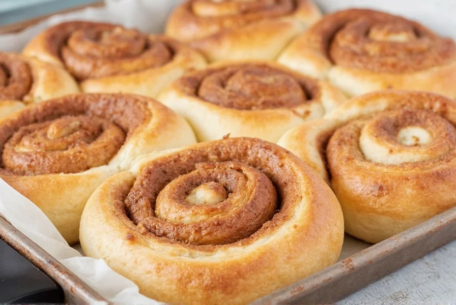 Comparison image showing properly baked cinnamon buns versus overbaked and underbaked examples with temperature indicators