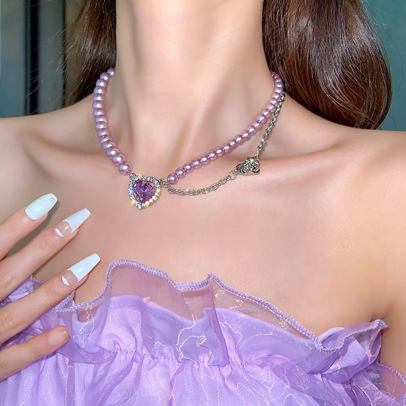 

SHIHAN SHXL009 2021 New Handmade Heart Pearl Necklace Baroque purple Pearl Chain Choker High Quality Necklace