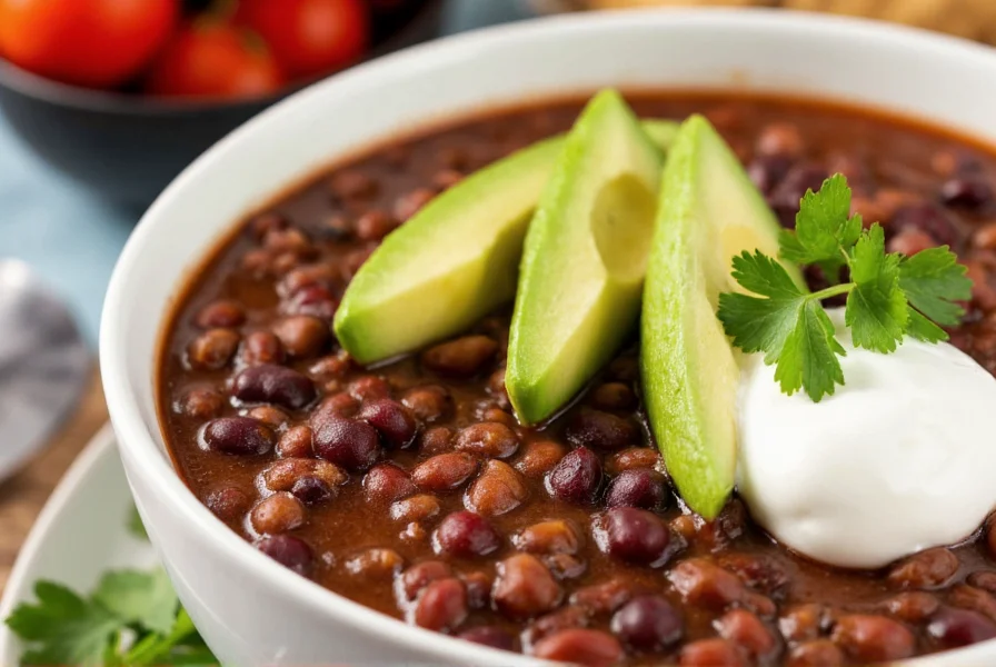 Vegan black bean chili served in a bowl with avocado slices, vegan sour cream, and fresh cilantro garnish