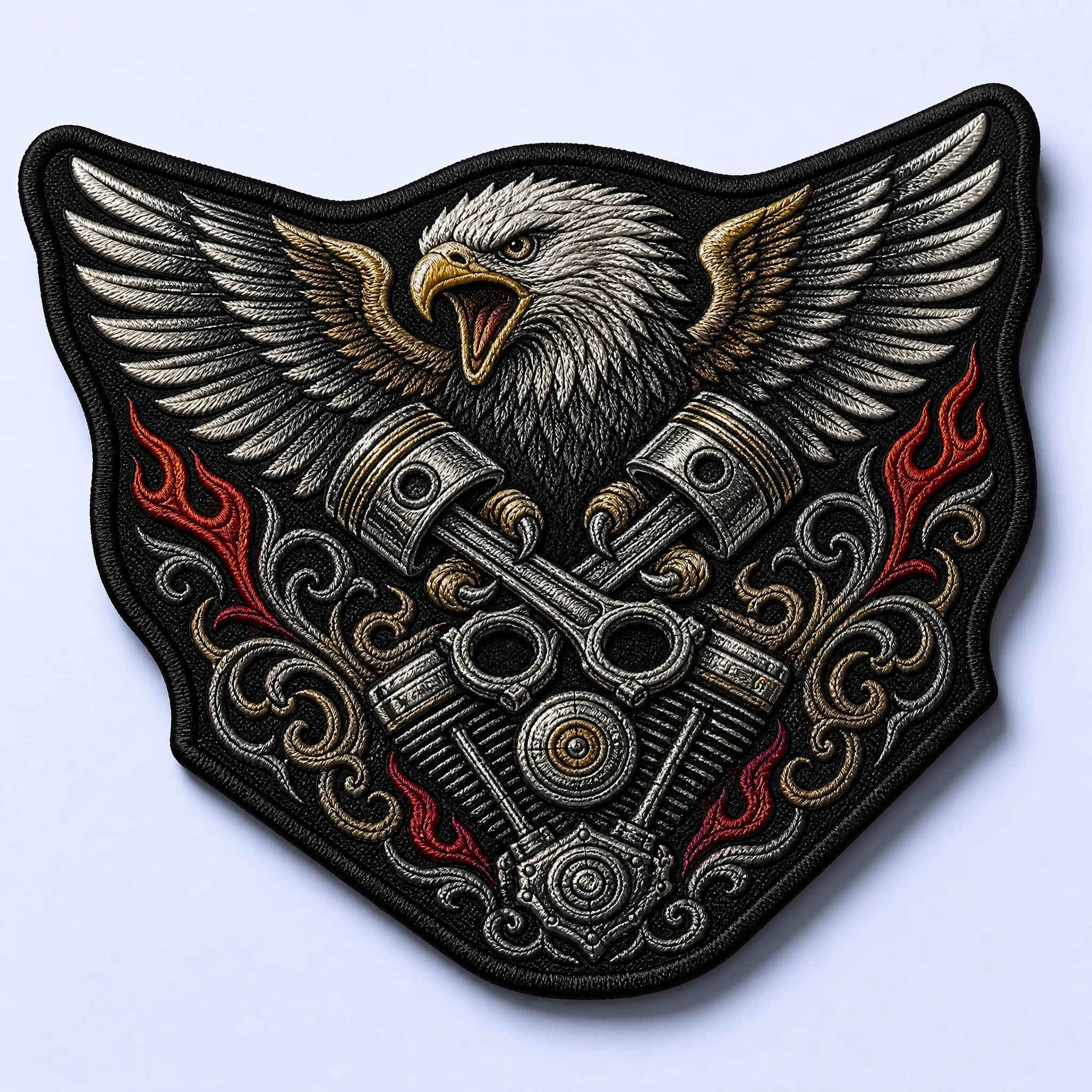 Giant American Bald Eagle Gripping V-Twin Engine Pistons with Flame Exhaust Filigree Embroidered Biker Vest Back Patch