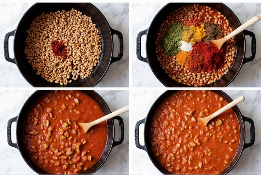Step-by-step preparation of chili beans showing beans, spices, and vegetables in a cast iron pot