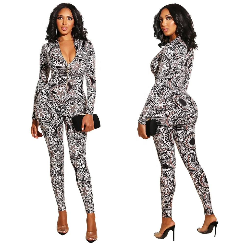 

B60553A Latest European and American women's fashion sexy print long sleeve v-neck jumpsuit, Photo shown