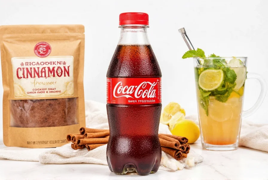 Close-up of homemade cinnamon coke in a glass with cinnamon sticks and citrus garnish on wooden table