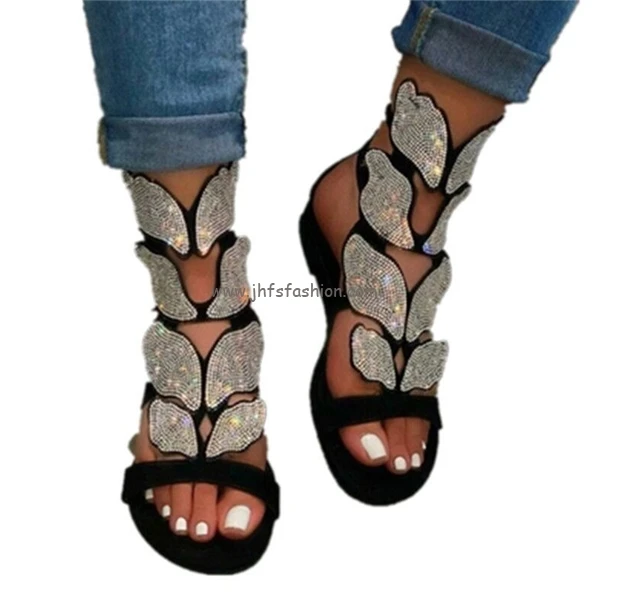 

J&H fashion new deisgn fancy rhinestone butterfly sandal plus size women sexy hollow out flat sandal for summer 2021, 3 colors as picture