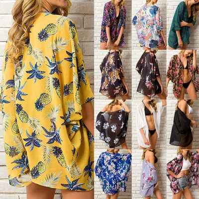 

Ladies Fashion Floral Printed Cardigan Kimono Fashion Loose Blouse Summer Chiffon Kimono Cardigan Tops, As shown on picture