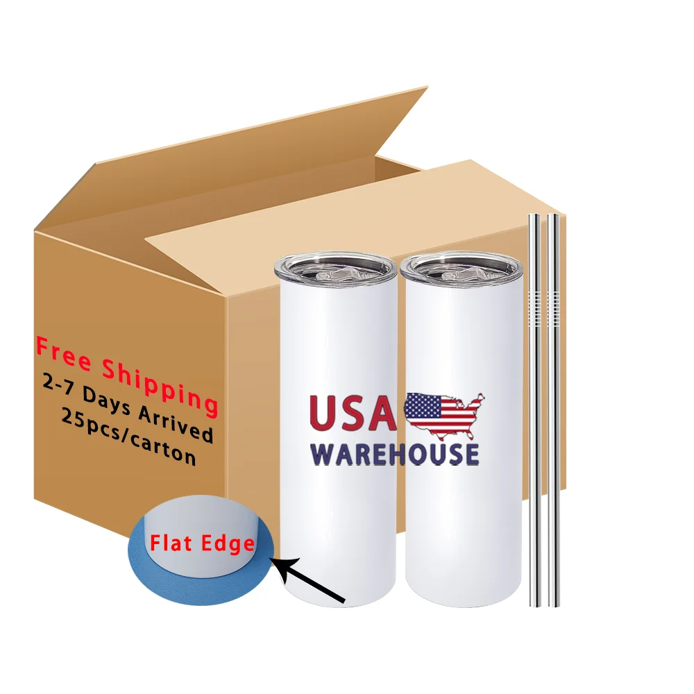 

US free shipping 20oz white stainless steel skinny straight flat edge sublimation blanks tumbler with lids and straw